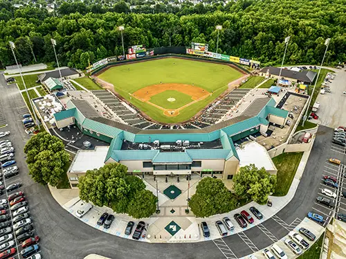 Bowie, MD, Bowie Baysox Prince George's Stadium in Bowie, MD. The image is an aerial image taken from a drone above the stadium.